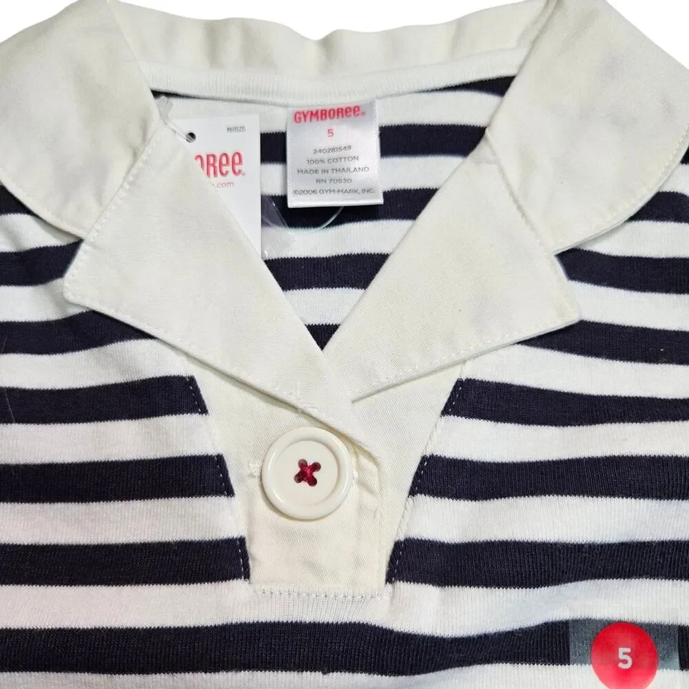 Vintage Gymboree Top Girls Size 5 Black White Striped Polo Bon Voyage Line NWT